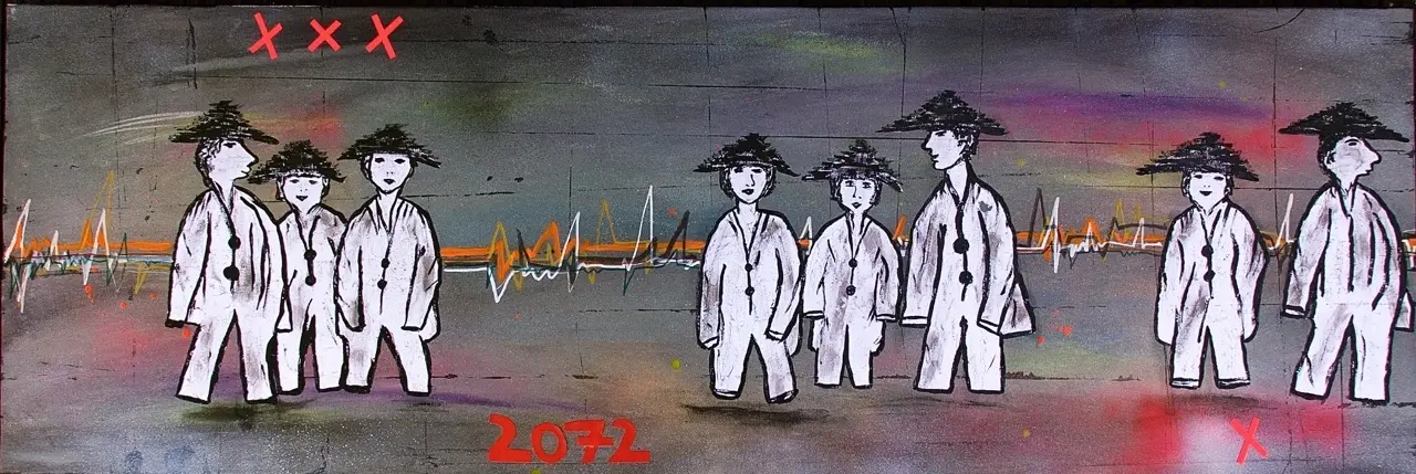 Suzy Forel, Politik-Serie, Reisighut-Figuren-Gruppe, Mixed Media, 2024