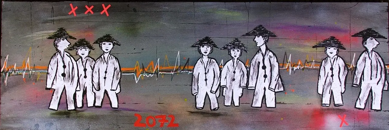 Suzy Forel, Politik-Serie, Reisighut-Figuren-Gruppe, Mixed Media, 2024