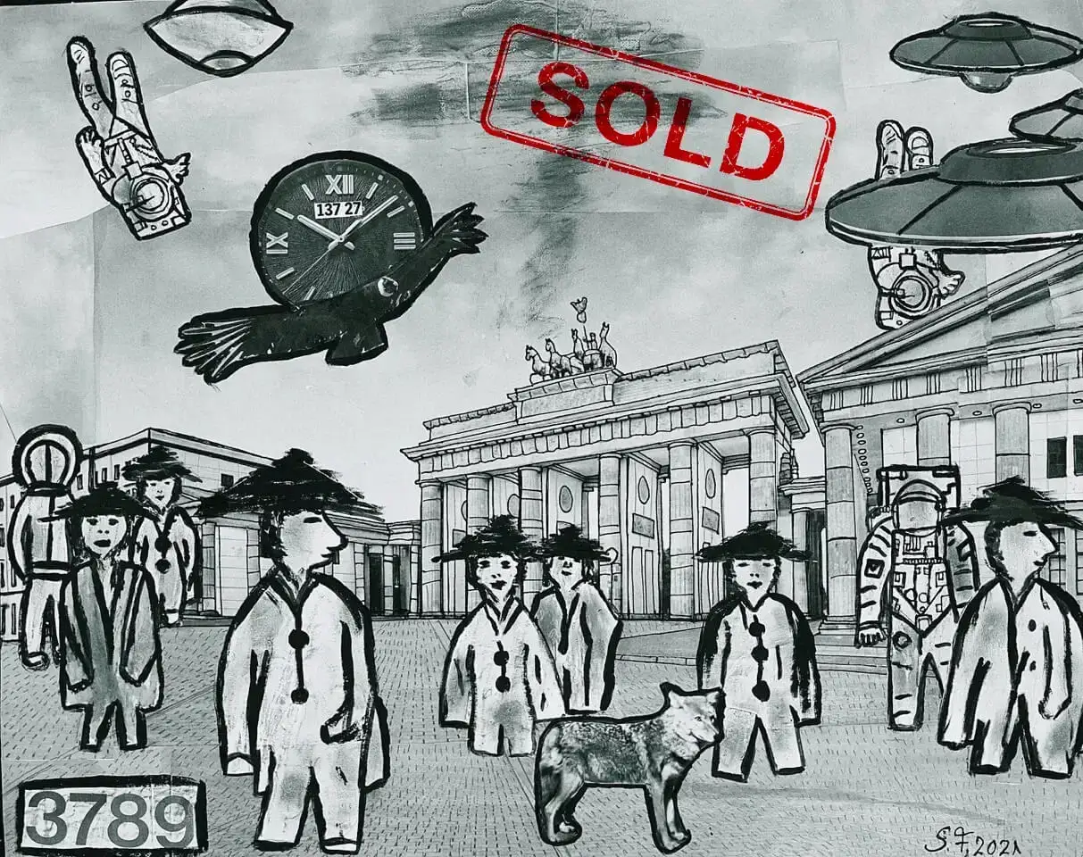 Suzy Forel, Brandenburger Tor mit UFOs und Reisighut-Figuren, Mixed Media, 2021, verkauft